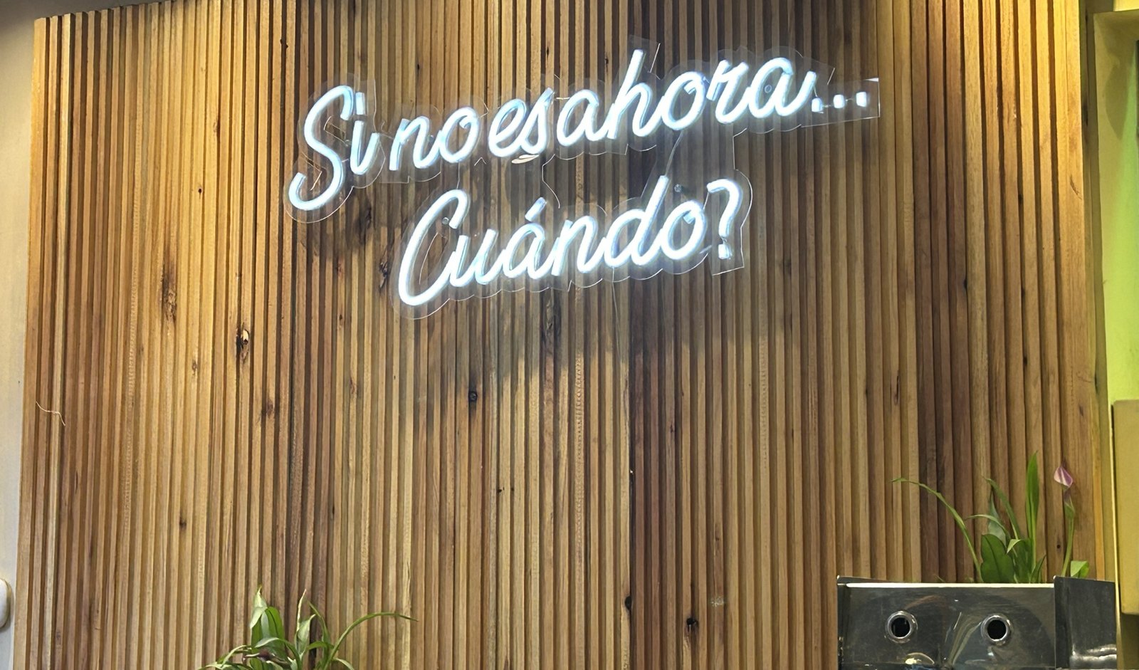 Letrero de neón sobre una pared de madera: "Si no es ahora... ¿Cuándo?"